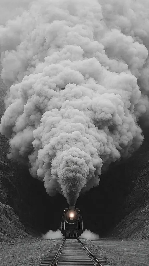 A black and white photograph captures a steam locomotive emerging from a dark tunnel, billowing thick, white smoke. The train is centrally positioned, its headlight glowing brightly. The surrounding landscape is muted, emphasizing the dramatic contrast between the powerful engine and the immense cloud of steam it produces.  The scene evokes a sense of power and movement, a classic image of a bygone era.