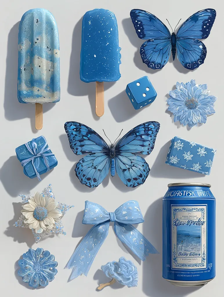 A collection of blue-themed objects are arranged on a white background.  Two popsicles, two morpho butterflies, blue flowers, a die, small gifts, a bow, and a can of blue soda are depicted in a still life. The items are meticulously rendered with a hyperrealistic style, emphasizing textures and subtle details.  The overall tone is cool and calming, suggesting a serene and dreamy aesthetic.