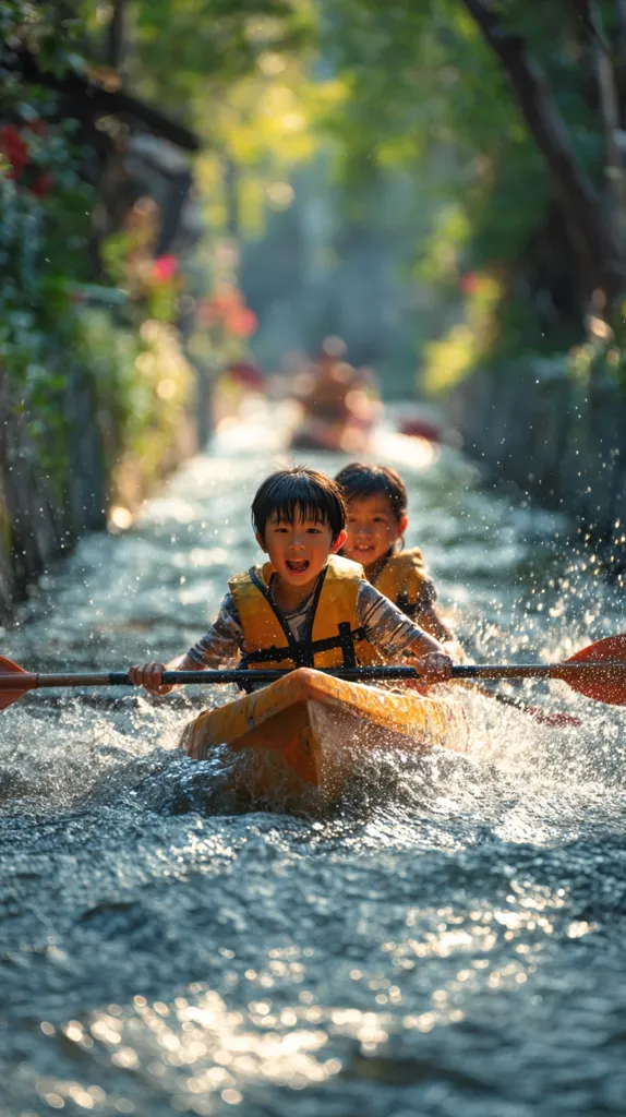 Two joyful Asian children paddle a kayak down a sun-dappled canal.  The foreground is filled with splashing water, while the background shows lush green foliage. The boy in the front grins broadly, showcasing his excitement.  They navigate the waterway with skill and enthusiasm, enjoying their outdoor adventure.  Sunlight filters through the trees, creating a vibrant and picturesque scene.