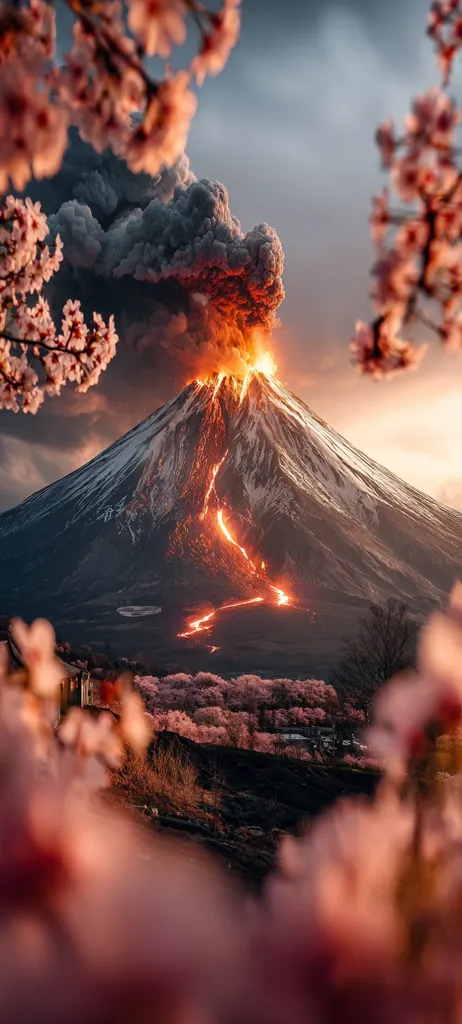 A breathtaking view of a volcano erupting, with fiery lava flowing down its snow-capped slopes.  Dark, billowing smoke rises into a dramatic sky.  The scene is framed by delicate, pink cherry blossoms, creating a striking contrast between the delicate beauty of nature and the powerful forces of the earth.  The foreground is softly blurred, focusing attention on the majestic eruption.
