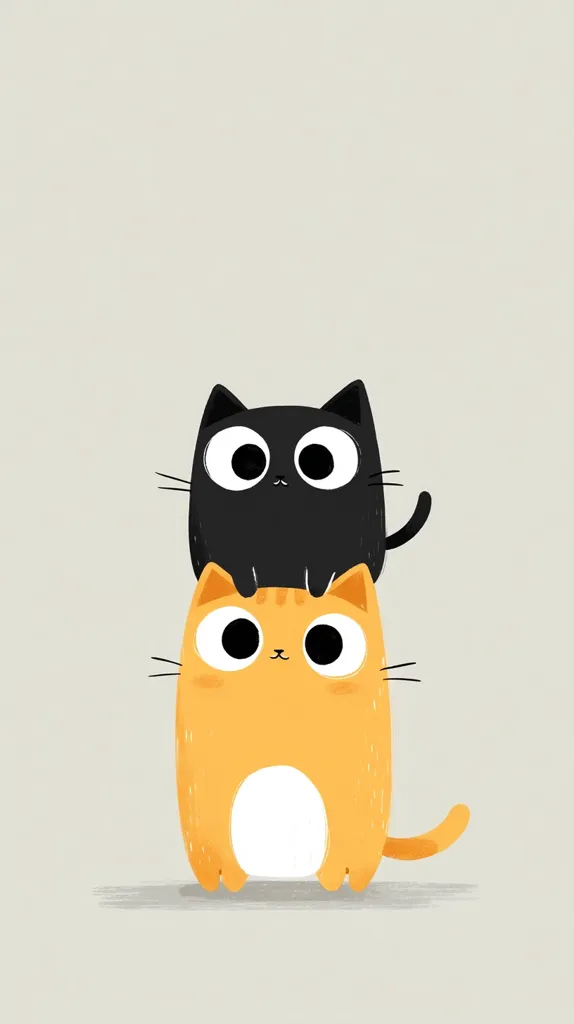 A charming illustration features two cartoon cats stacked atop each other. The bottom cat is orange with large, expressive eyes and a small white belly.  A black cat sits on top, sharing similar large eyes and a simple, cute design.  Both cats have a minimalist, childlike aesthetic against a muted gray background.  The overall image is playful and endearing.