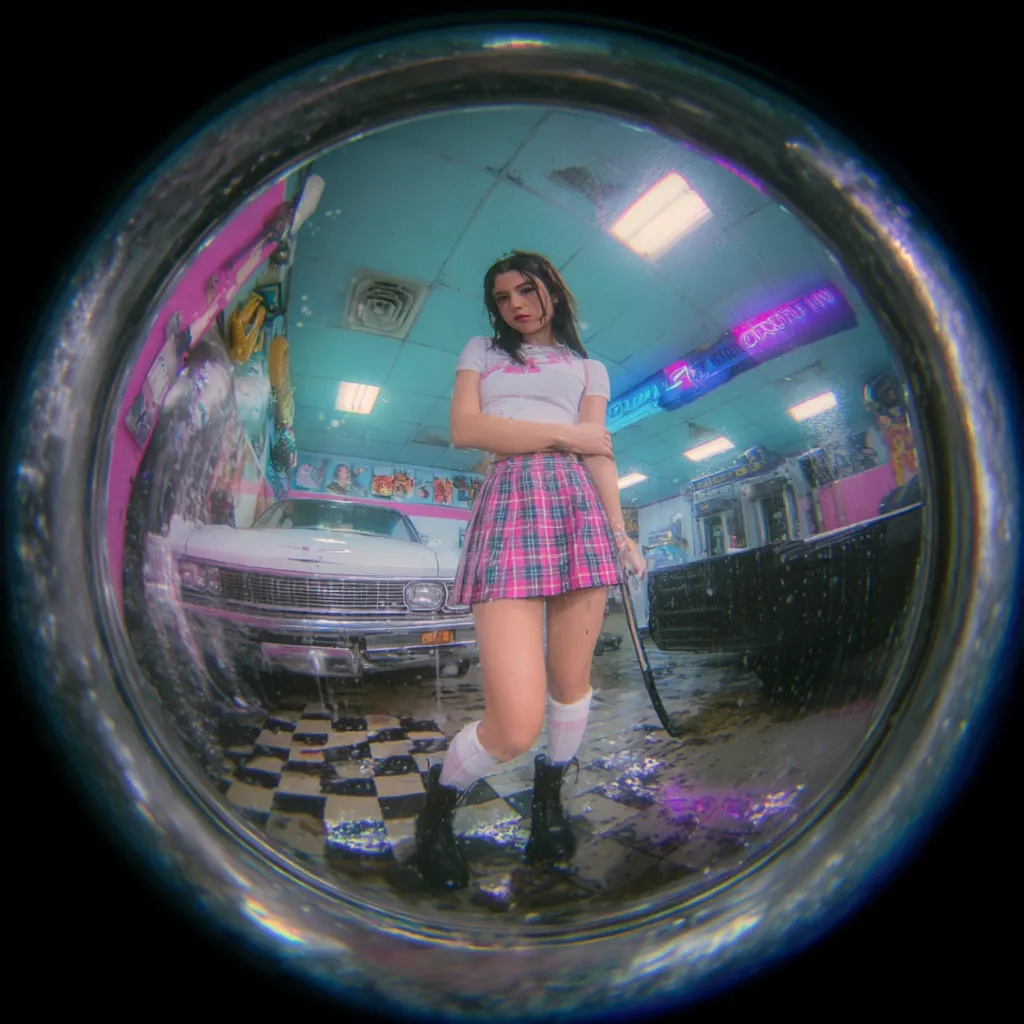 A fisheye lens captures a young woman in a pink and green plaid skirt and white crop top standing in a retro-style car wash.  She holds a long pole, possibly a car wash wand, in a dimly lit space with a classic car partially visible. The scene is vibrant and stylized with neon accents, suggesting a playful, nostalgic aesthetic. The checkered floor and pink walls add to the retro feel.