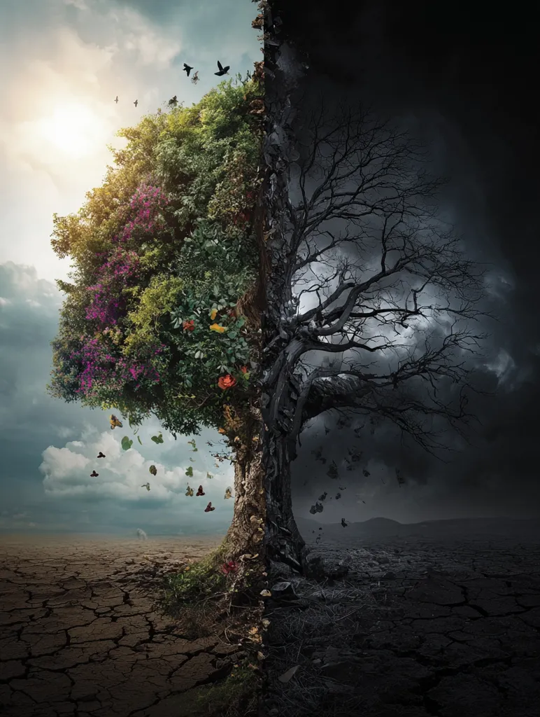A surreal image depicts a tree split into two halves; one vibrant and lush with blooming flowers and butterflies, the other stark and lifeless, its branches bare against a dark sky.  The ground mirrors this duality, with fertile soil on one side and cracked, arid earth on the other.  The contrast symbolizes the dichotomy of life and death, nature and destruction, or perhaps hope and despair.  Birds fly away from the dark side, highlighting the stark contrast further.