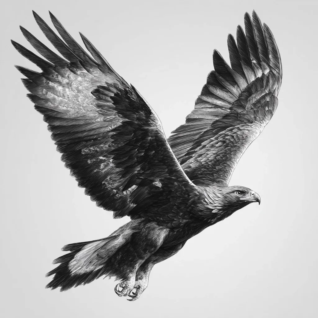 A detailed black and white illustration depicts a golden eagle in mid-flight.  Its wings are fully extended, showcasing intricate feather detail. The eagle's body is sharply rendered, highlighting its powerful musculature and keen gaze. The background is a muted gray, emphasizing the bird's form. The image evokes a sense of freedom and majestic power.