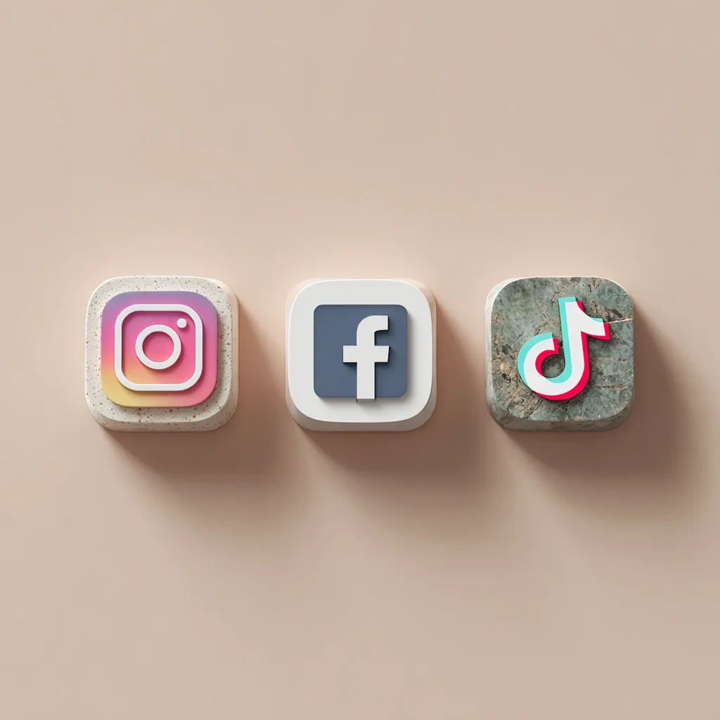 Three social media logos are displayed against a beige background.  From left to right, the logos are Instagram (a camera icon with a gradient), Facebook (a lowercase 'f' in blue), and TikTok (a musical note icon). Each logo is rendered as a square, textured button.  The style is clean and modern.