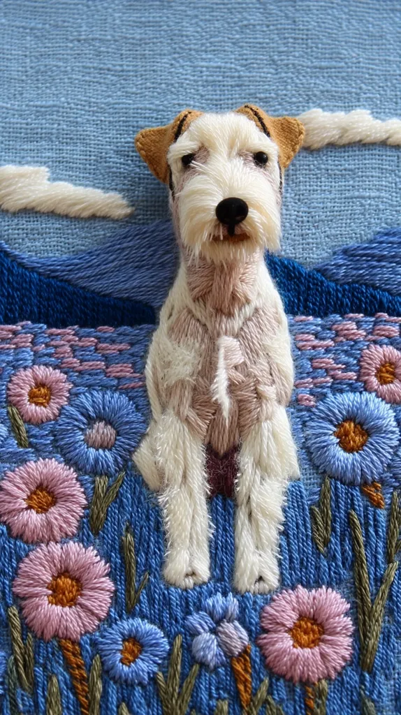 A meticulously crafted needlepoint depicts a wire fox terrier seated amidst a vibrant field of flowers. The dog, rendered in shades of white and beige, is the focal point, its detailed fur texture contrasting beautifully with the blossoms. The background showcases a stylized landscape of blue hills and fluffy clouds, completing this charming embroidered artwork.  The stitches are precise, giving the piece a three-dimensional quality.