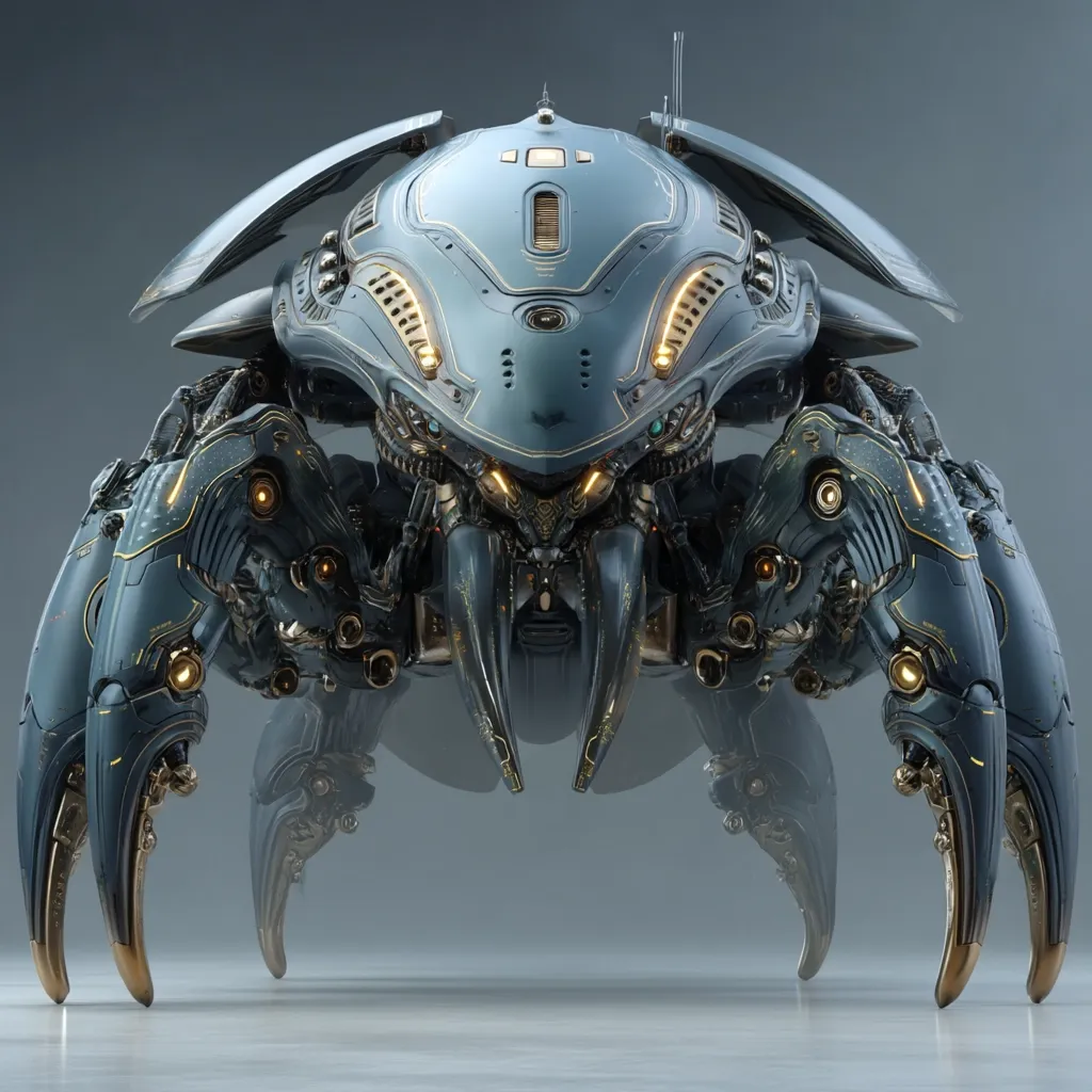 A futuristic, crab-like robot dominates the frame.  Its dark grey metallic body is accented with gold detailing and glowing amber lights.  Multiple articulated legs suggest powerful movement capabilities.  The design is intricate and highly detailed, showcasing a blend of organic and mechanical aesthetics. The robot's head features a central dome with recessed panels and sensors, conveying a sense of advanced technology.