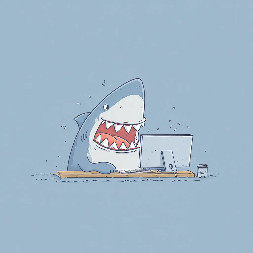 A cartoon great white shark sits at a desk in the water, working on a computer.  Its mouth is wide open in a toothy grin. A coffee cup sits on the desk next to the monitor. The scene is minimalist and humorous, depicting the shark in a surprisingly human office setting.  Water splashes around the desk.