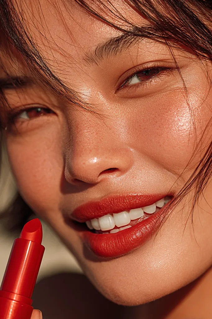 Close-up of a woman's face, showcasing sun-kissed skin and a bright, confident smile.  Her lips are painted with a vibrant red lipstick, which is also shown in a tube held in her hand.  The image emphasizes healthy skin and radiant beauty, with soft lighting highlighting her features.  Her dark hair partially obscures her forehead.