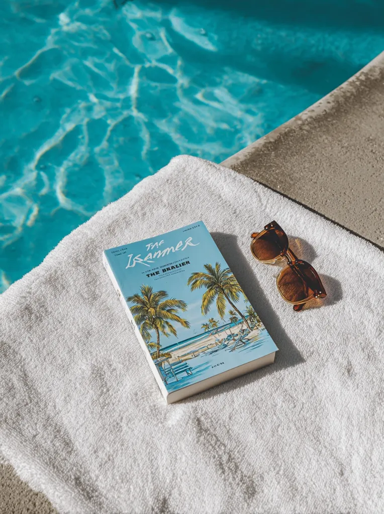 A white beach towel rests on the edge of a sparkling blue swimming pool.  A book titled "The Kramer" by The Brailer lies open on the towel, its cover depicting a tropical beach scene.  A pair of brown sunglasses rests casually beside the book, completing a relaxed and summery scene. The overall image evokes a feeling of leisure and vacation.