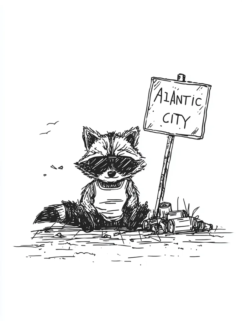 A hand-drawn illustration depicts a raccoon wearing sunglasses and a tank top, seated on the ground near a sign reading "Atlantic City."  Scattered around the raccoon are empty bottles and cans.  The style is reminiscent of a sketch, with loose lines and shading. Two small birds are visible in the upper left corner. The overall tone is slightly melancholic.