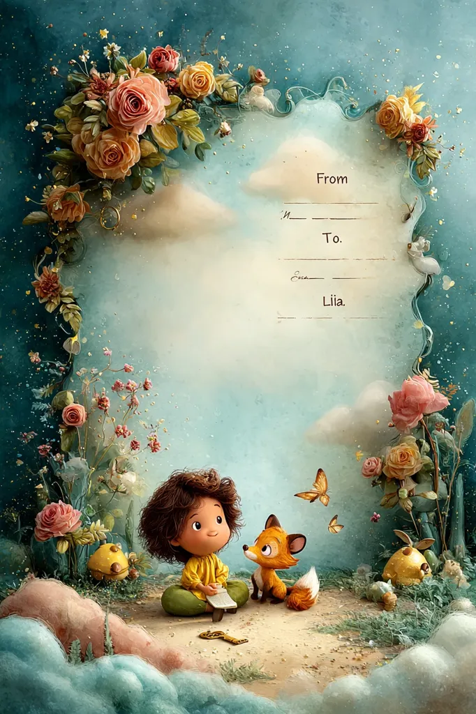 A whimsical illustration depicts a young girl with brown curls seated beside a friendly fox.  They share a tranquil moment in a fantastical garden filled with vibrant roses and delicate butterflies.  An ornate frame, resembling a vintage notecard, provides space for a personalized message, addressed "To. Lilia."  The scene evokes a sense of childhood wonder and enchantment.