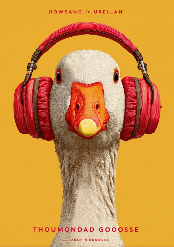 A goose, rendered in a highly detailed, almost painterly style, is the focal point of this artwork.  The goose wears large, vibrant red headphones, creating a striking contrast against its white plumage and orange beak. The background is a solid, warm yellow.  The text "THOU MONDAD GOOSSE" is prominently displayed below, suggesting a playful, artistic title.  The overall mood is whimsical and slightly surreal.