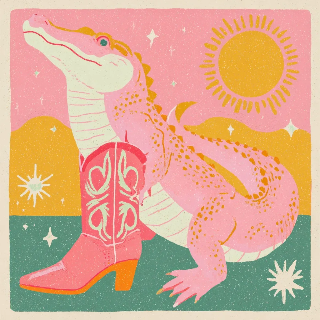 A whimsical illustration features a pink alligator perched beside a pink cowboy boot against a pastel background.  The sun shines brightly in the upper right corner, while stars twinkle across the sky.  The overall style is retro and playful, using bold colors and a textured aesthetic. The alligator appears relaxed, its body curving gracefully. The boot is detailed with a classic western design.
