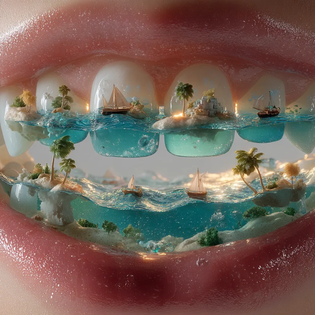 A surreal digital artwork depicts a close-up of an open mouth, where each tooth encapsulates a miniature tropical island scene.  Tiny sailboats navigate turquoise waters surrounding small islands, palm trees, and miniature buildings. The waterline continues across the lower teeth, creating a continuous seascape within the mouth. The image is hyperrealistic, blending organic and fantastical elements with a dreamlike quality.