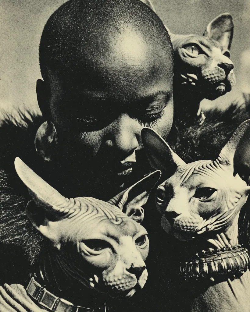 A black and white, close-up portrait of a bald, dark-skinned woman gently cradling three hairless Sphynx cats.  Her eyes are softly closed, conveying a serene and intimate mood. The cats appear calm and nestled closely against her. The image has a dramatic, high-contrast style, emphasizing textures and shadows.
