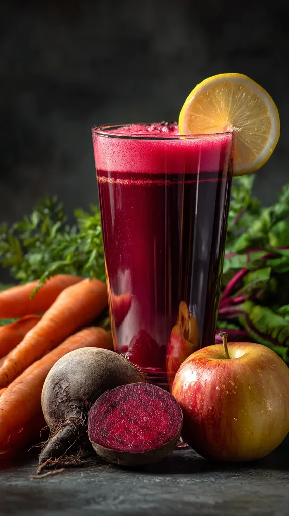 A tall glass of vibrant red beet juice is garnished with a lemon wedge.  Surrounding the glass are fresh carrots, a whole beet, a halved beet, and a red apple. The dark background emphasizes the rich color of the juice and the fresh produce. The scene suggests a healthy and refreshing beverage made with natural ingredients.