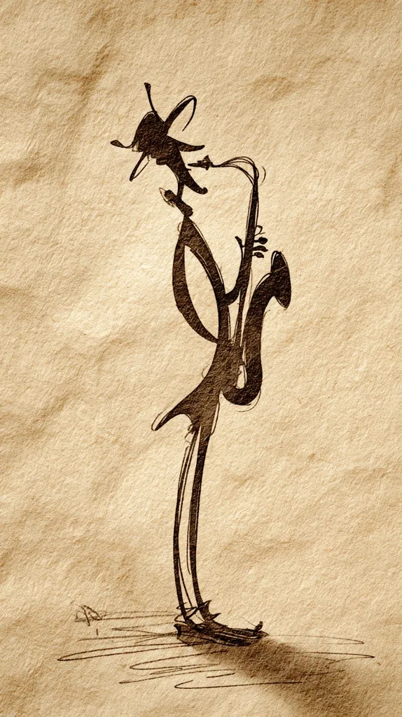 A stylized sketch of a saxophone player is depicted on a textured, parchment-like background.  The figure is elongated and expressive, with the saxophone curving around its body.  The style is reminiscent of a caricature or cartoon, emphasizing movement and musicality rather than precise anatomical detail.  The sepia tone adds to the vintage or antique feel of the artwork.