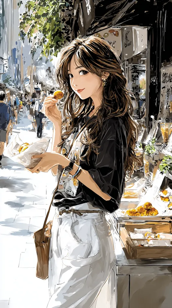 A stylish young woman with long brown hair enjoys a street food snack.  She's dressed in a black t-shirt and loose white pants, carrying a brown shoulder bag.  The setting is a busy city street with shops and pedestrians visible in the background, creating a vibrant and casual atmosphere. The art style is painterly and features soft, slightly blurry lines and bright, contrasting colors.