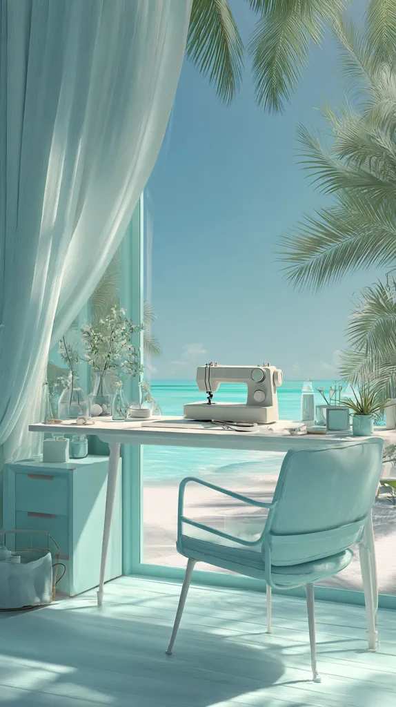 A serene coastal workspace features a light teal desk with a vintage sewing machine, overlooking a tranquil beach through a large window draped with sheer curtains.  Palm trees frame the sunny ocean view. A matching teal chair sits invitingly by the desk, completing the peaceful, airy ambiance.  Small plants and glass vases add delicate touches to the scene.