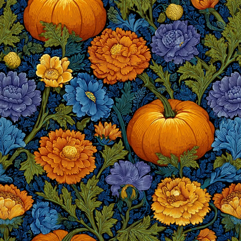 A vibrant autumnal floral pattern features plump orange pumpkins nestled amongst richly colored flowers.  Deep blue and orange chrysanthemums, along with smaller yellow and blue blossoms, create a dense, luxurious design against a dark background. The detailed botanical illustrations evoke a vintage aesthetic, perfect for fall-themed textiles or décor.