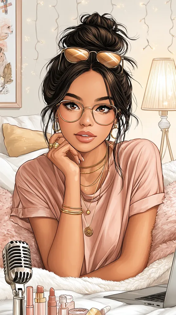 A stylish illustration of a young woman with dark brown hair in a messy bun, wearing gold-rimmed glasses and a blush pink t-shirt. She rests her chin on her hand, adorned with gold rings and layered necklaces.  A laptop and makeup are subtly present in the background, suggesting a relaxed, possibly online, setting. The overall aesthetic is soft, elegant, and feminine.