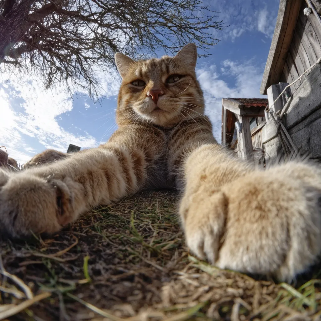 A ginger tabby cat lies on the ground, its paws extended towards the camera in a low-angle, close-up shot.  The cat's expression is calm and direct. The background features a partly cloudy blue sky, sparse grass, a tree's branches overhead, and a wooden structure. The perspective is dramatic, emphasizing the cat's size and proximity.