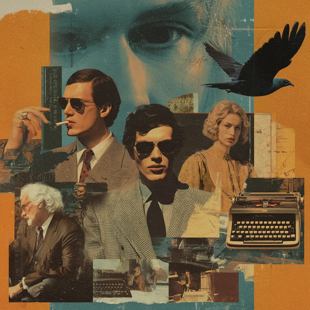 A vintage-style collage features a central group of stylish individuals—two men in suits and sunglasses, one woman in a beige dress—surrounded by images evoking a retro atmosphere.  Typewriters, old books, a looming eye, and a flying bird add to the mood of mystery and intrigue.  The overall aesthetic is reminiscent of 1970s film noir or a literary scene.  An older man sits pensively in a corner, adding depth to the composition.