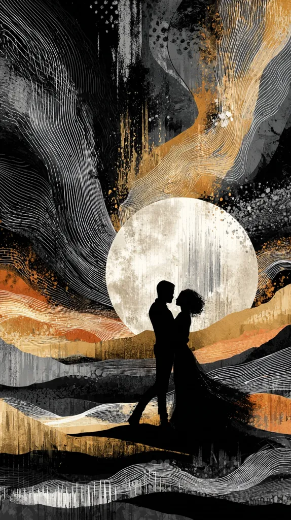 A stylized artwork depicts a silhouetted couple embracing under a large, pale moon.  The background is an abstract landscape of rolling hills rendered in black, gray, and gold, accented with textured lines and brushstrokes. The overall mood is romantic and slightly melancholic, with a focus on the intimacy of the central figures against the dramatic backdrop.