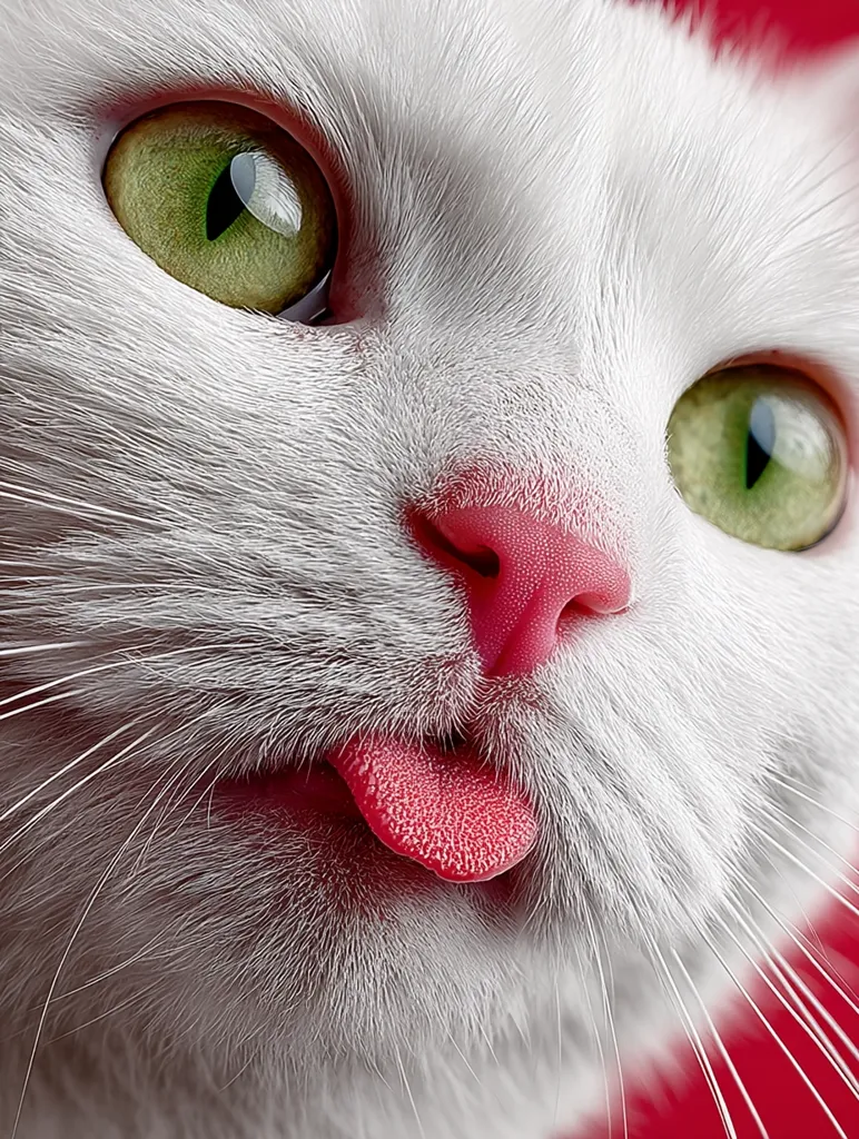 Close-up of a white cat's face.  Its bright green eyes are captivating, and its pink nose and tongue are playfully visible. The cat's fur is soft and fluffy, and its whiskers extend outward. The background is a vibrant red, contrasting beautifully with the cat's white coat. The overall impression is one of cuteness and playfulness.
