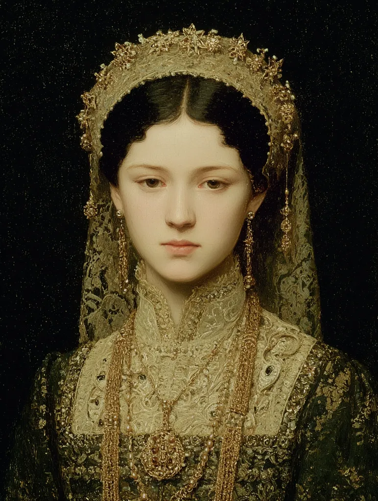 A portrait of a young woman, possibly a princess or queen, adorned in elaborate gold jewelry and a delicate lace veil.  Her dark hair is styled under a jeweled headpiece, and her expression is serious and composed. The intricate detail of her gown and accessories suggests wealth and high social standing. The dark background contrasts sharply with the gold tones of her attire, emphasizing her regal presence. The painting style is realistic, with attention to texture and light.