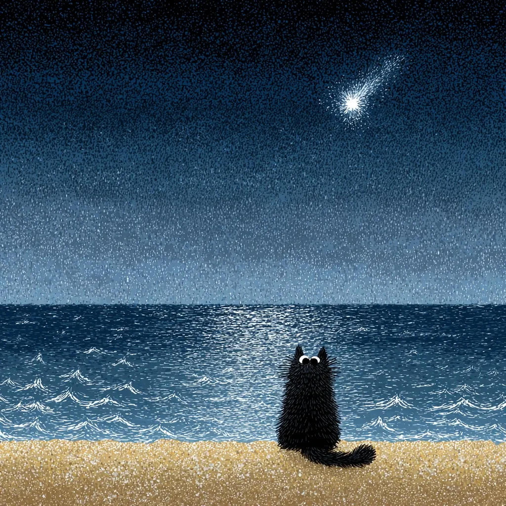 A black cat sits on a sandy beach at night, gazing at a shooting star streaking across a dark, starry sky above a calm, dark blue sea.  The scene is rendered in a stylized, slightly textured manner, suggesting a print or illustration.  The cat is fluffy and cartoonish, adding a whimsical touch to the peaceful coastal night.