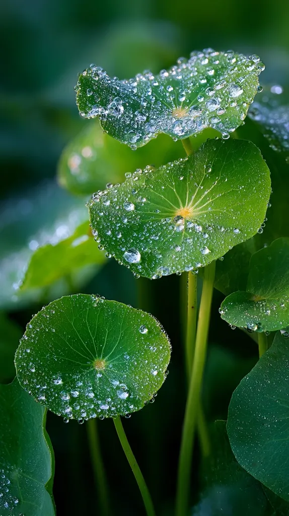 Close-up view of several round, vibrant green leaves covered in glistening water droplets.  The leaves are slightly translucent, showcasing the light through the water beads.  The background is a blurred dark green, focusing attention on the dewy leaves in the foreground. The image evokes a sense of freshness and tranquility.