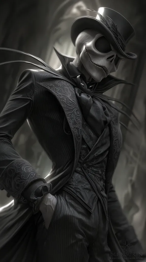 A monochrome illustration depicts a skeletal figure in a top hat and ornate Victorian-era attire.  The figure's skeletal features are stark against the dark, detailed clothing.  The artist's style is highly detailed, emphasizing texture and shadow to create a dramatic, almost gothic effect. The image evokes a sense of mystery and elegance.