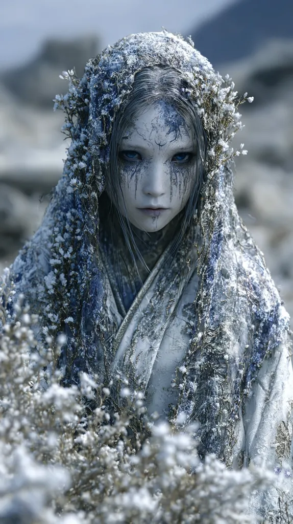 A young woman, seemingly ethereal, stands amidst a snowy landscape.  Her pale face, adorned with streaks of dark substance, and icy blue eyes convey a sense of otherworldliness.  She wears a white, textured robe, heavily dusted with snow, and a crown of frosted flora.  The overall effect is one of chilling beauty and winter magic.