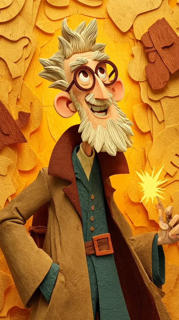 A whimsical illustration of an elderly man with a joyful expression. He sports round glasses, a long white beard, and a brown coat.  He holds a glowing sparkler, suggesting magic or wonder. The background features a textured, yellow, paper-like design. The style is reminiscent of stop-motion animation or papercraft. The overall mood is cheerful and fantastical.