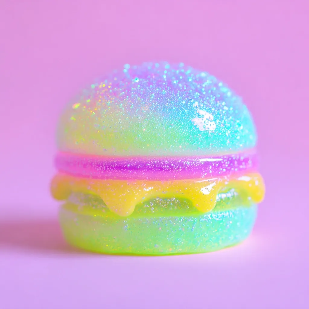 A vibrant, pastel-colored hamburger crafted from resin is adorned with iridescent glitter.  The burger features layers of light green, pink, and yellow, with a glossy, dripping cheese effect.  It sits against a soft pink background, creating a whimsical and dreamy aesthetic. The overall effect is playful and visually appealing.