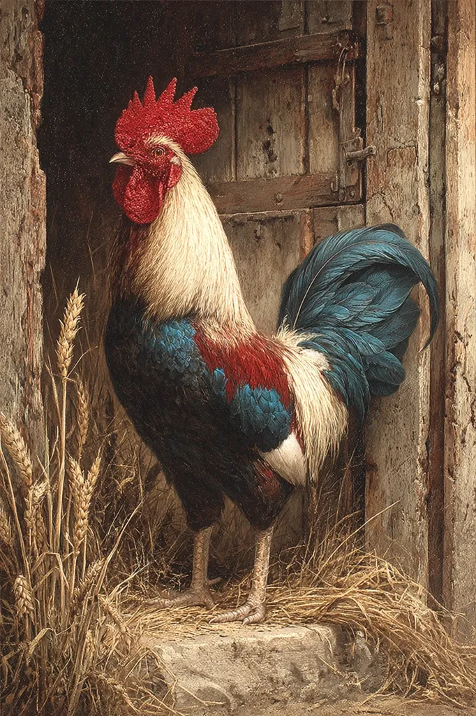 A majestic rooster stands proudly in a rustic barn setting.  Its plumage is a striking blend of cream, red, and deep teal.  The rooster is positioned near a weathered wooden door and stands on a stone step, surrounded by dried straw and stalks of wheat.  The overall impression is one of quiet dignity and rural charm.