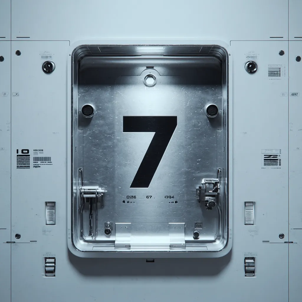 A metallic panel, possibly a door or access panel, features a large, bold black number seven centrally positioned.  The panel has a brushed metal texture and is adorned with small, functional-looking details, including small vents and what appears to be mechanical components.  The overall aesthetic is futuristic and minimalist, suggestive of a science fiction setting.  The surrounding wall is light grey with technical markings.