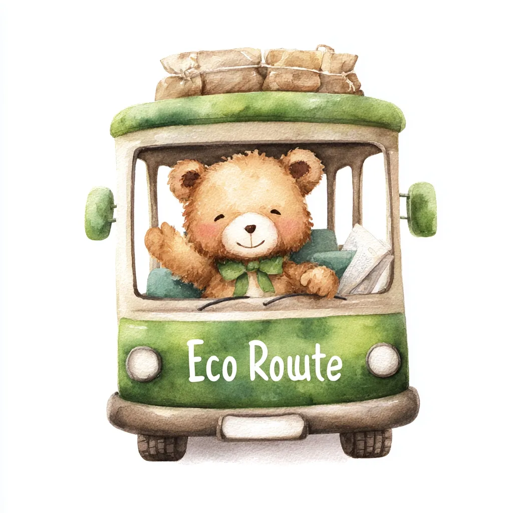 A watercolor painting depicts a cute teddy bear driving a green van labeled "Eco Route."  The van is carrying packages on its roof. The bear is smiling and waving, wearing a green bow tie. The image is charming and suggests an eco-friendly journey. The style is whimsical and childlike.