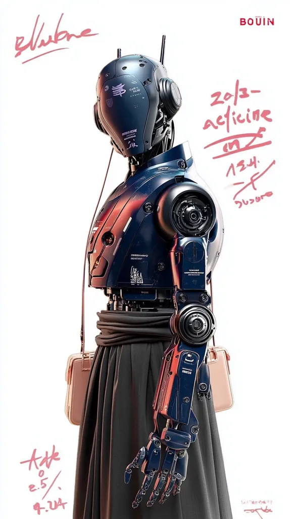 A stylized image of a female robot, its metallic body clad in a dark skirt and carrying a light-colored handbag.  The robot's head is sleek and helmet-like, with intricate detailing.  Handwritten text overlays the image, including dates and what appears to be a signature. The overall style is futuristic and elegant, blending technological elements with fashion.  The background is plain white, emphasizing the robot.