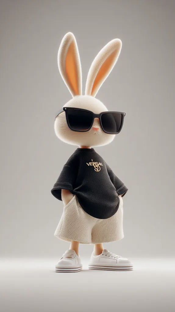 A stylish cartoon rabbit sports black sunglasses, a black Versace-logoed shirt, and beige shorts.  The rabbit's pose is confident, hands on hips, and it's wearing white sneakers. The overall aesthetic is trendy and playful, with a focus on high-fashion details.  The background is a simple, neutral grey.
