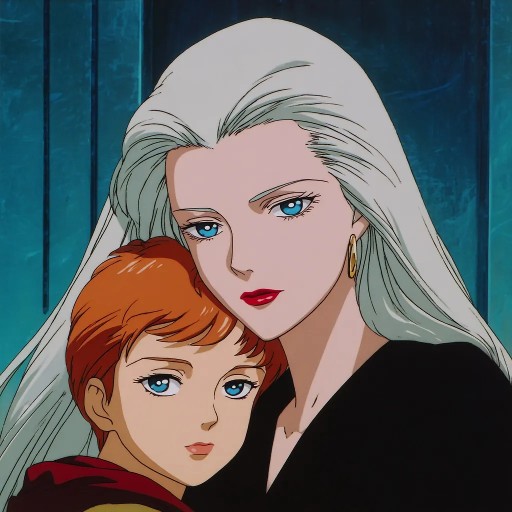 A close-up depicts two anime women. The woman in the foreground has long, flowing silver hair and striking blue eyes. She wears a black top and gold hoop earrings.  She gently embraces a younger woman with shorter, reddish-brown hair and similar blue eyes.  The younger woman appears serene and rests her head on the older woman's shoulder. Both women possess elegant features and a captivating anime style.