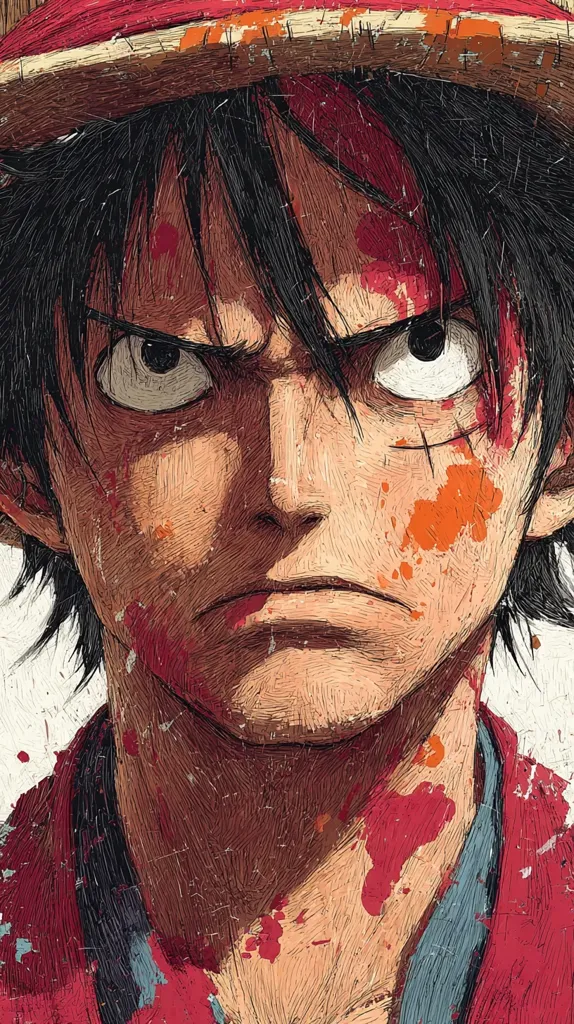 A close-up, stylized portrait of Monkey D. Luffy from One Piece.  His face is partially obscured by shadow and splatters of what appears to be blood, suggesting a battle.  He wears his signature straw hat and a red shirt.  The art style is textured and painterly, emphasizing strong lines and expressive features. His intense gaze conveys determination and perhaps anger.