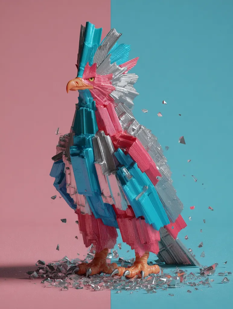 A stylized 3D rendering depicts an eagle-like creature composed of fragmented, vibrant pink, teal, and silver metallic pieces.  The bird stands on a pale pink and blue background, shattered fragments scattered at its feet. The creature’s form suggests a dynamic sense of motion and disintegration, creating a visually striking and surreal image.