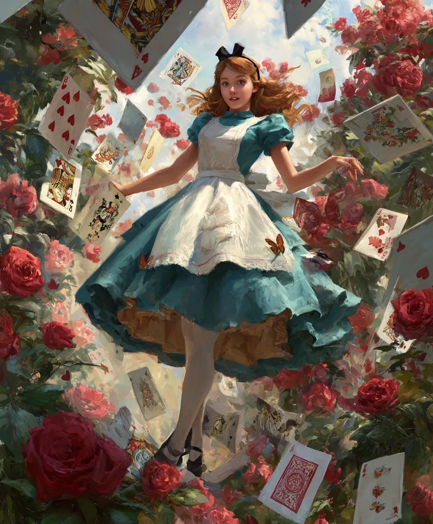 Alice, in her iconic blue and white dress, floats amidst a whirlwind of playing cards and vibrant red roses.  Her expression is one of wonder and perhaps a touch of bewilderment as she navigates this surreal, fantastical landscape.  Butterflies flit around her, adding to the dreamlike atmosphere of Wonderland.  The painting's vibrant colors and dynamic composition capture the essence of Lewis Carroll's classic tale.