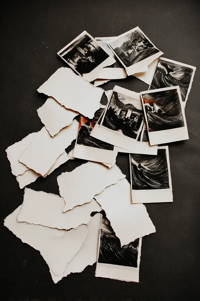 A pile of torn and fragmented black and white photographs lies scattered on a dark surface.  The images depict various scenes, including what appears to be a city street and dramatic ocean waves.  The torn edges of the photos and the blank, ripped pieces of paper create a sense of loss or incompleteness. The dark background emphasizes the fragility of the memories captured in the damaged images.