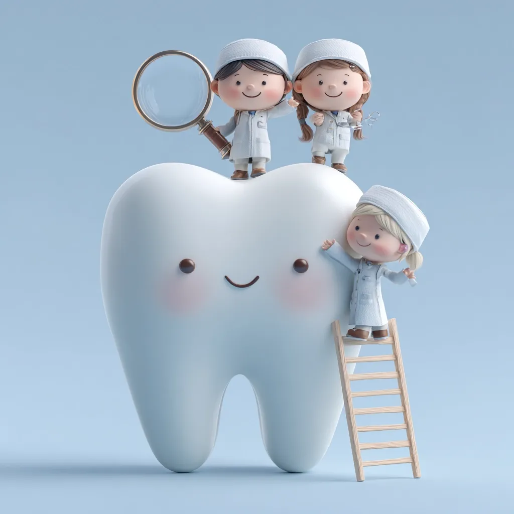 A large, cartoon tooth smiles serenely as three adorable, chibi-style dentists examine it.  Two stand atop the tooth, one holding a magnifying glass, the other dental tools. A third dentist climbs a small ladder, adding to the charming, whimsical scene promoting dental care.  The pastel blue background enhances the lighthearted, child-friendly aesthetic.