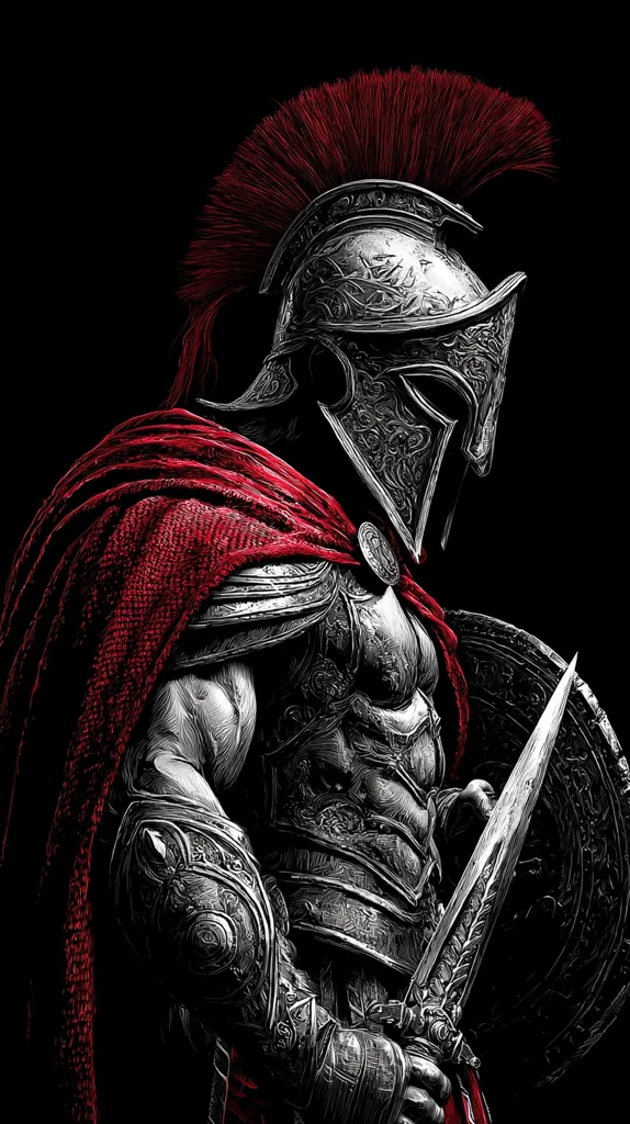 A powerful illustration depicts a Spartan warrior, clad in intricately detailed silver armor and a crimson cape.  His helmet, adorned with a tall red plume, casts a shadow over his face. He grips a short sword, his shield partially visible behind him.  The black background accentuates the warrior's imposing figure and the stark contrast of the colors. The style suggests a strong, perhaps brooding, personality.