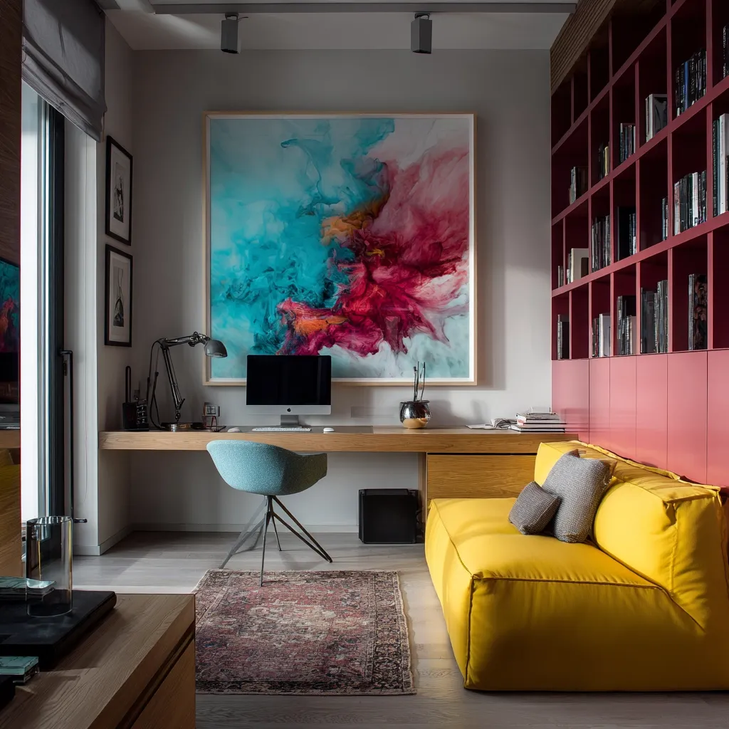 A modern home office features a vibrant abstract painting as a focal point above a minimalist wooden desk with a teal chair.  A yellow modular sofa sits nearby, providing a comfortable space.  A built-in red bookcase adds a pop of color and ample storage. The room is well-lit and boasts a sophisticated, yet inviting atmosphere. A patterned rug anchors the workspace and seating area.